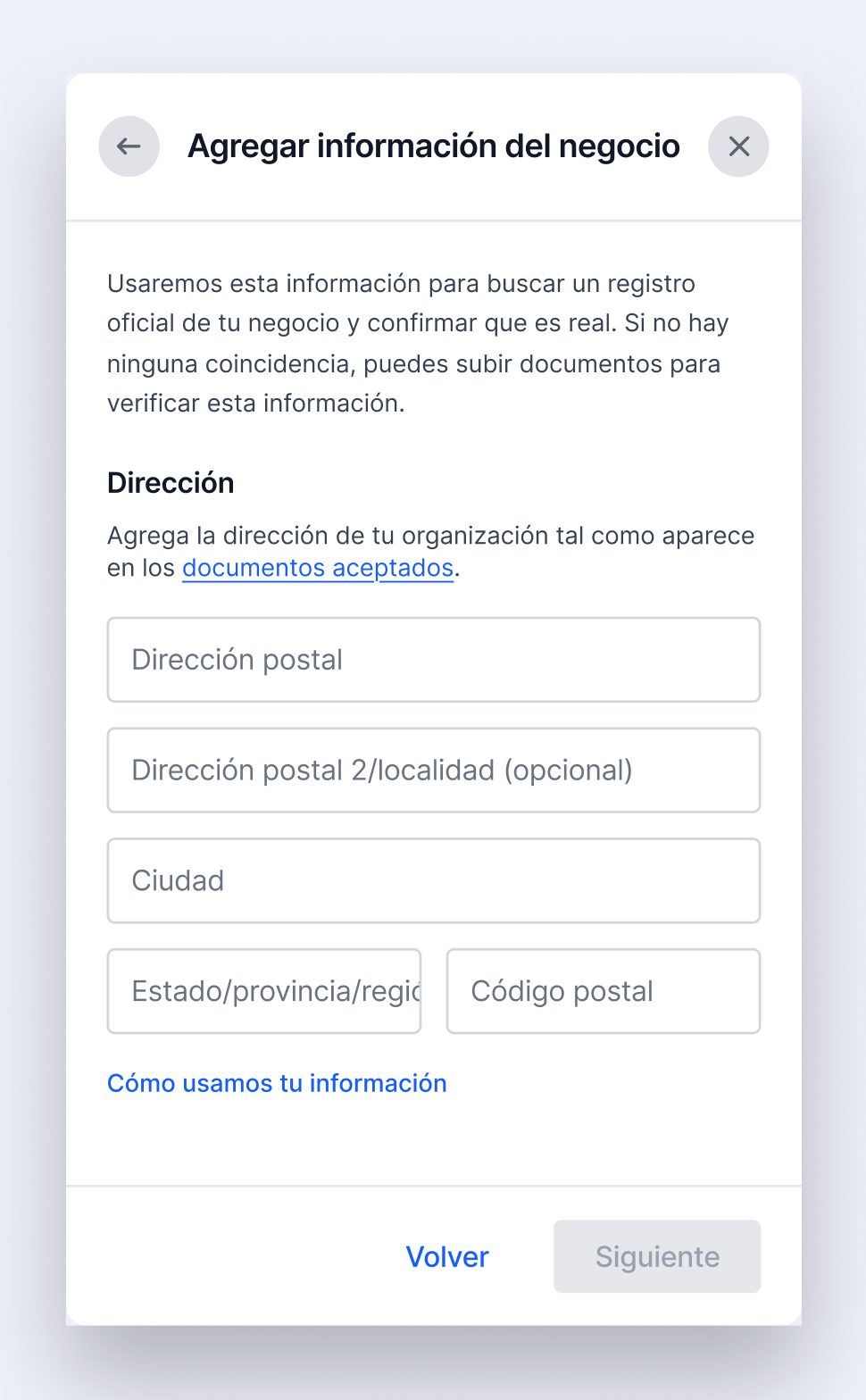 Sección para agregar la dirección postal oficial, ciudad, región y código postal del negocio para el registro oficial de la empresa en Meta.