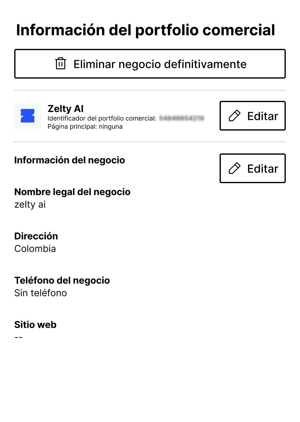 Sección de información del portafolio comercial en Meta que muestra el nombre legal del negocio, dirección en Colombia y el identificador de Zelty AI.