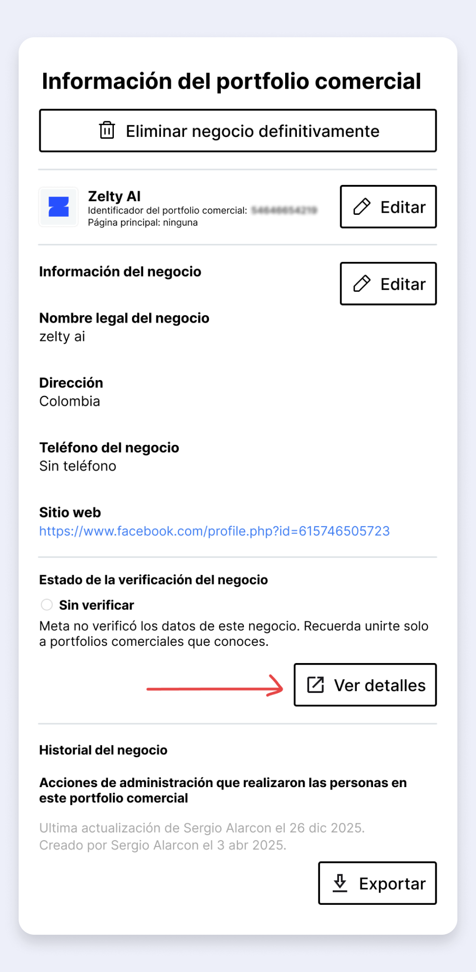 Estado de verificación del negocio en Meta Business Suite mostrando la etiqueta "Sin verificar" y un botón destacado de "Ver detalles".