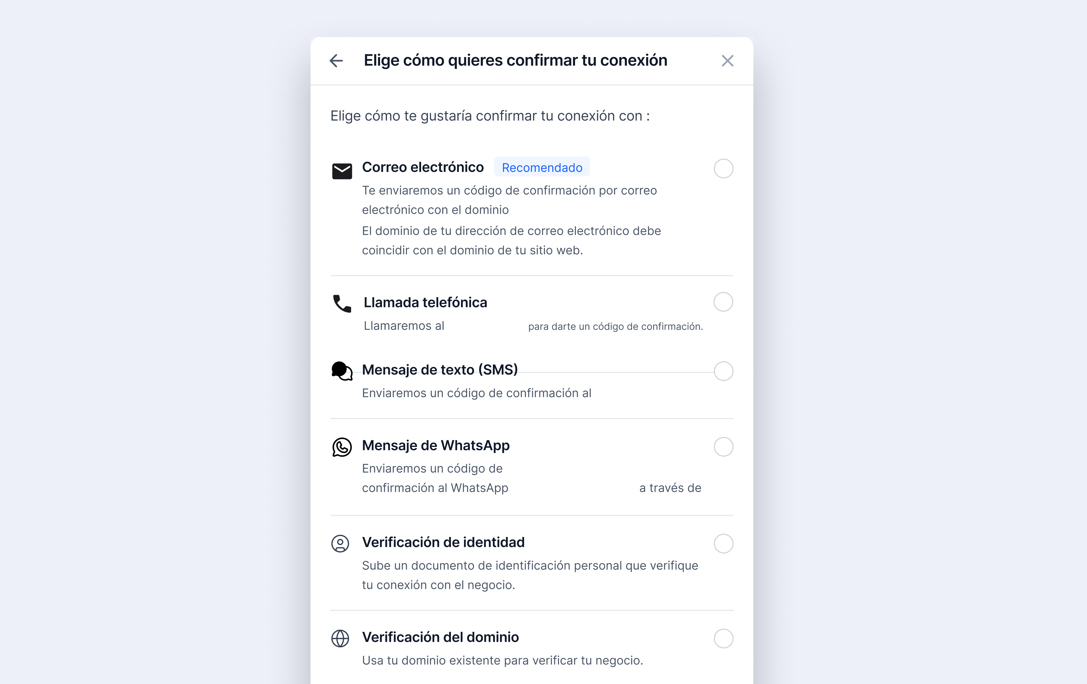 Lista de métodos para confirmar la conexión del negocio en Meta: correo electrónico (recomendado), llamada, SMS, WhatsApp, identidad o dominio.