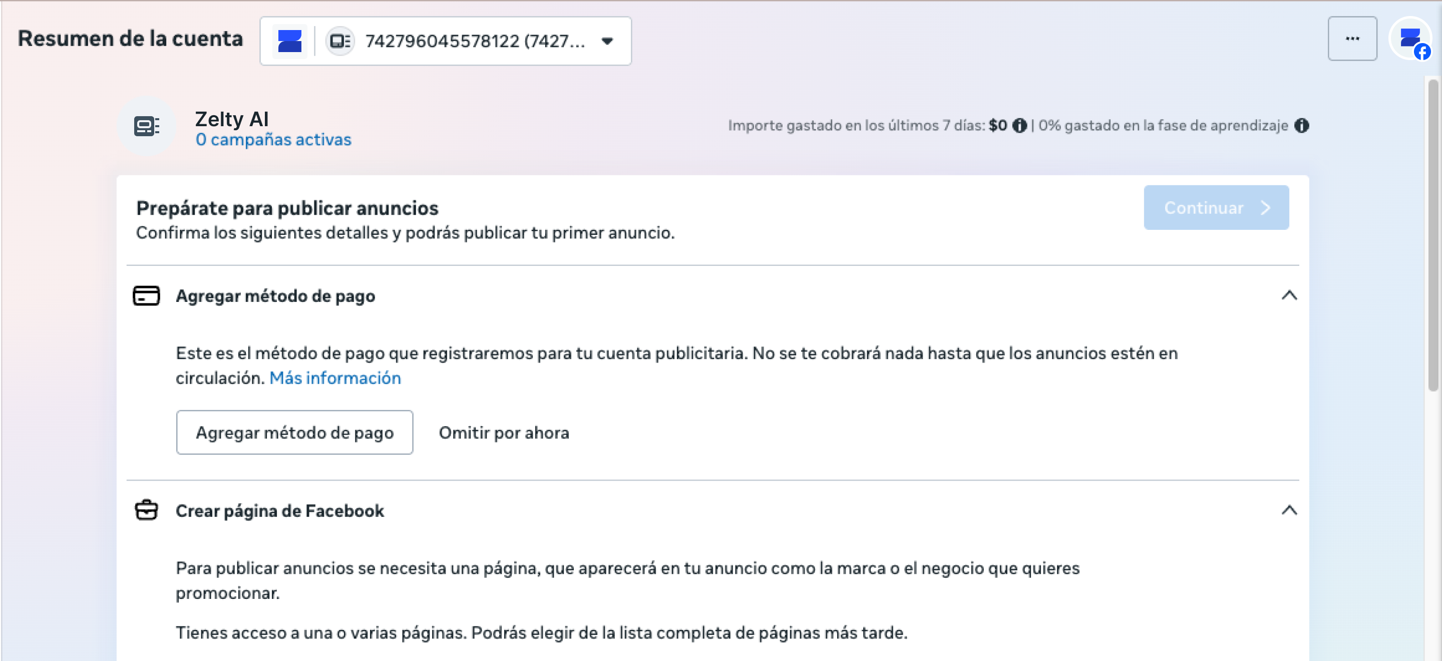 Panel de "Resumen de la cuenta" en Meta Business Suite para Zelty AI, detallando los pasos para agregar métodos de pago y crear una página de Facebook.