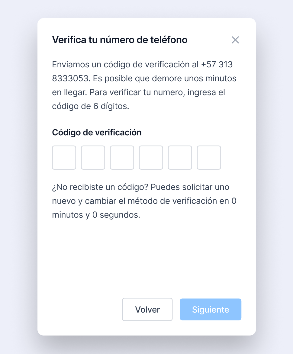 Ventana de verificación de número de teléfono en Meta, mostrando el campo para ingresar el código de 6 dígitos enviado por SMS.
