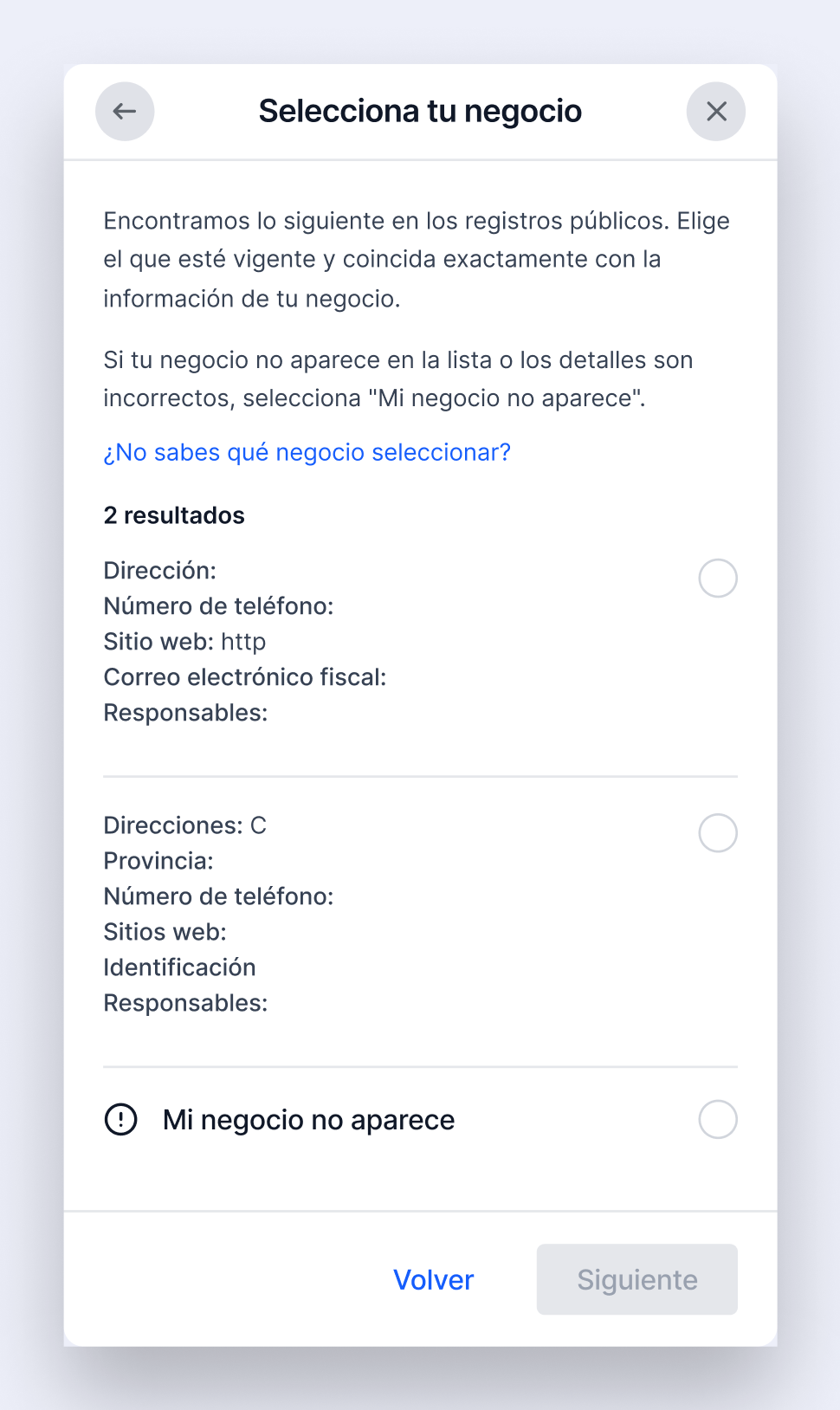 Resultados de búsqueda en registros públicos de Meta para seleccionar el negocio que coincide con la información legal proporcionada.