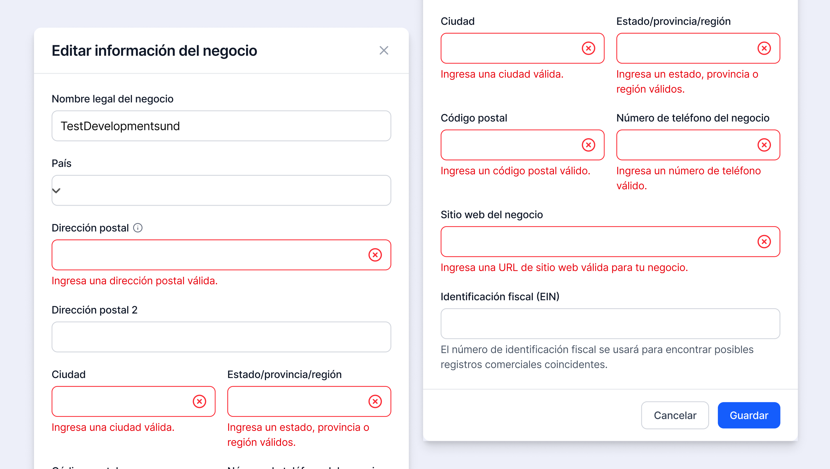 Formulario para editar información del negocio en Meta, con campos para dirección postal, código postal, número de teléfono y sitio web del negocio.