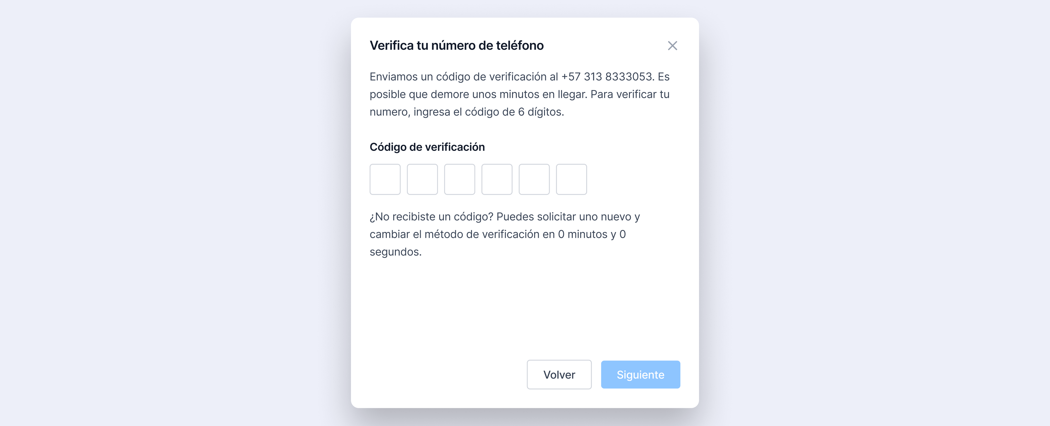 Ventana de verificación de número de teléfono en Meta, mostrando el campo para ingresar el código de 6 dígitos enviado por SMS.