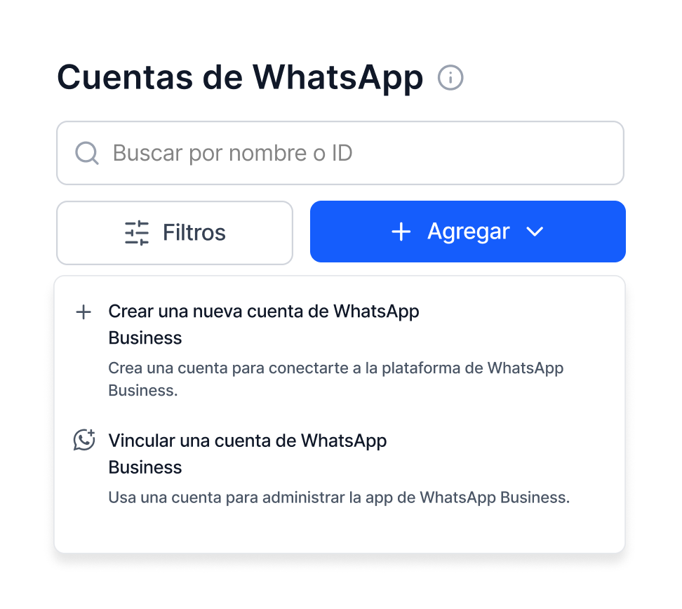 Panel de gestión de WhatsApp en Meta con el menú desplegable para "Vincular una cuenta de WhatsApp Business" a la cuenta de Zelty AI.