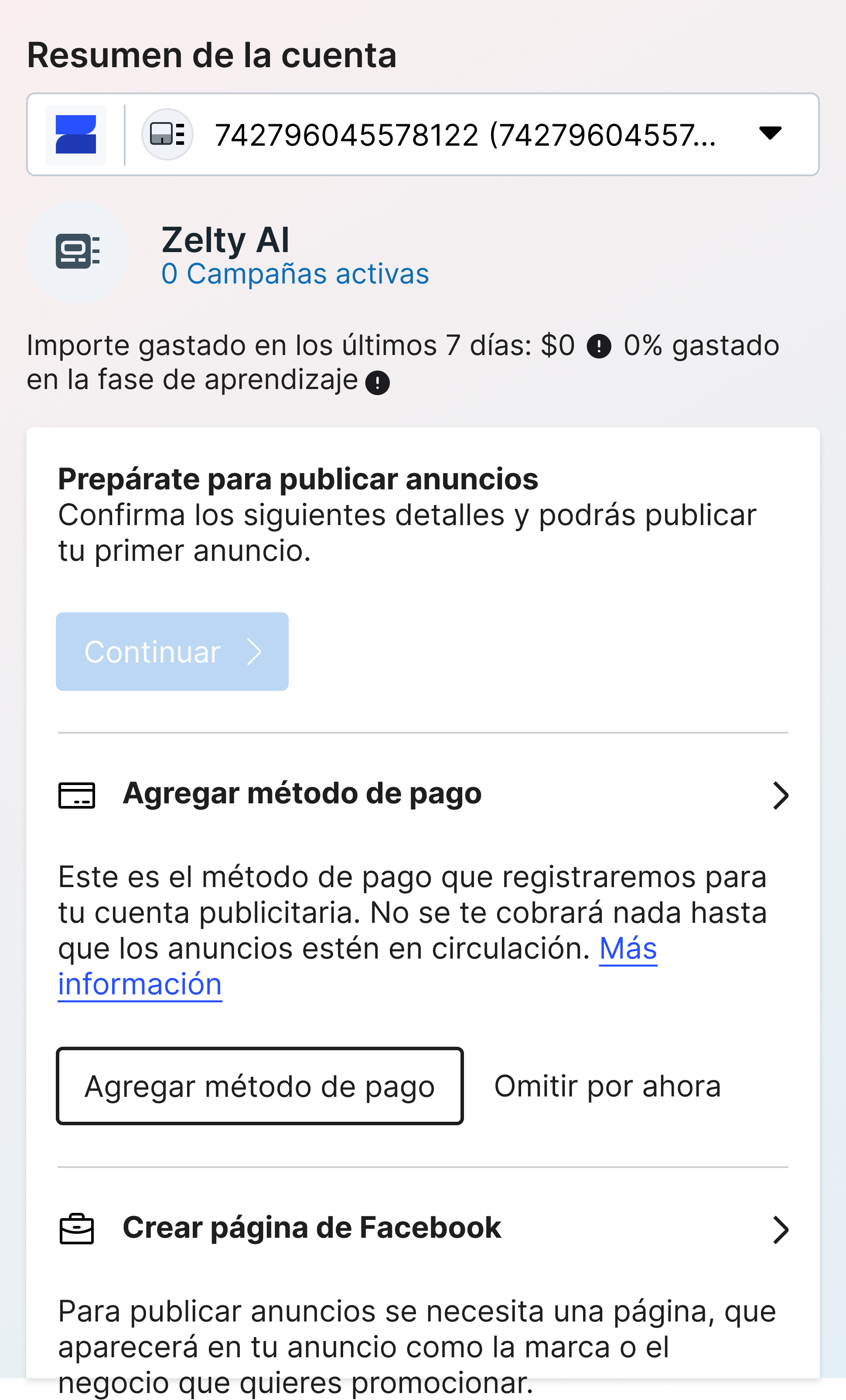 Panel de "Resumen de la cuenta" en Meta Business Suite para Zelty AI, detallando los pasos para agregar métodos de pago y crear una página de Facebook.