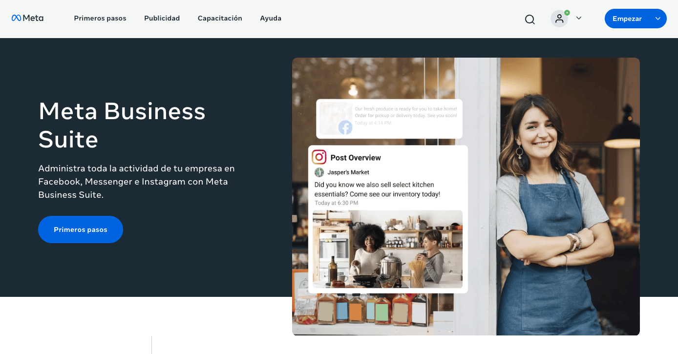 Página de inicio de Meta Business Suite que muestra opciones para administrar empresas en Facebook e Instagram con el botón "Primeros pasos".