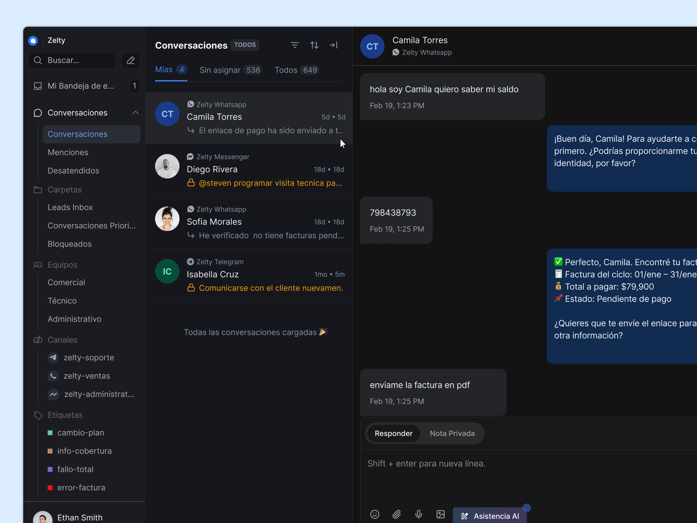 vista de conversaciones en chatwoot