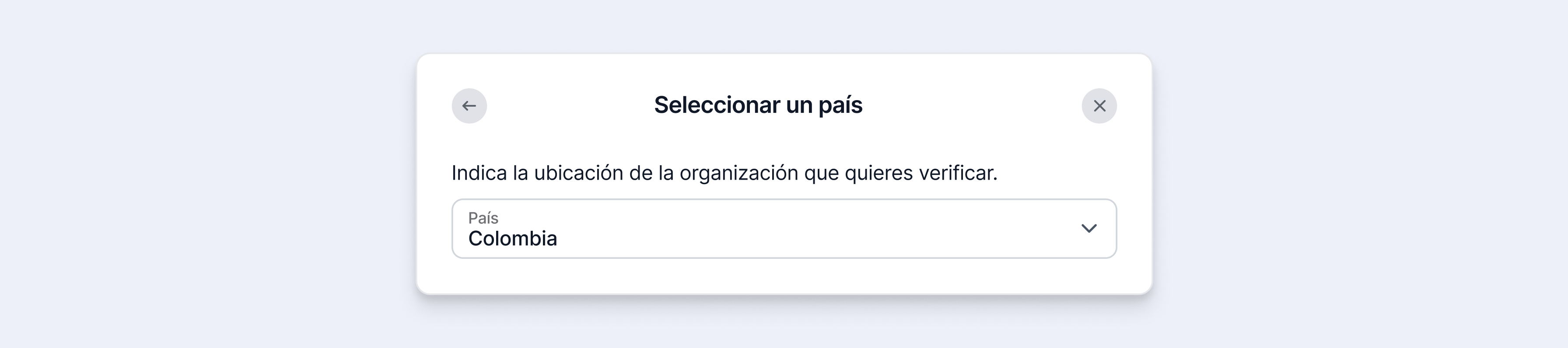 Paso de selección de país en el proceso de verificación de Meta, con el menú desplegable configurado en Colombia.
