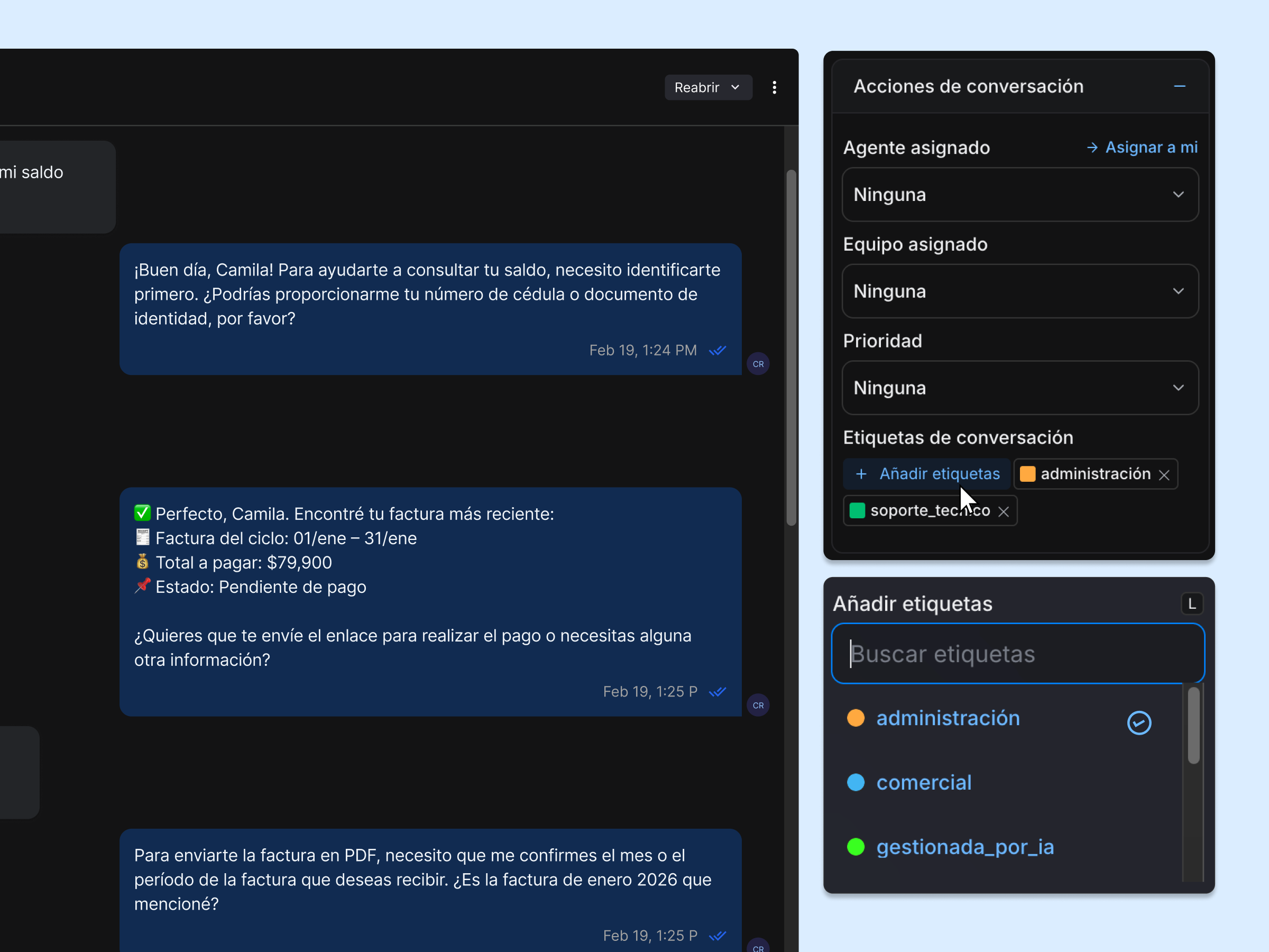 flujo para agregar etiquetas a una conversacion