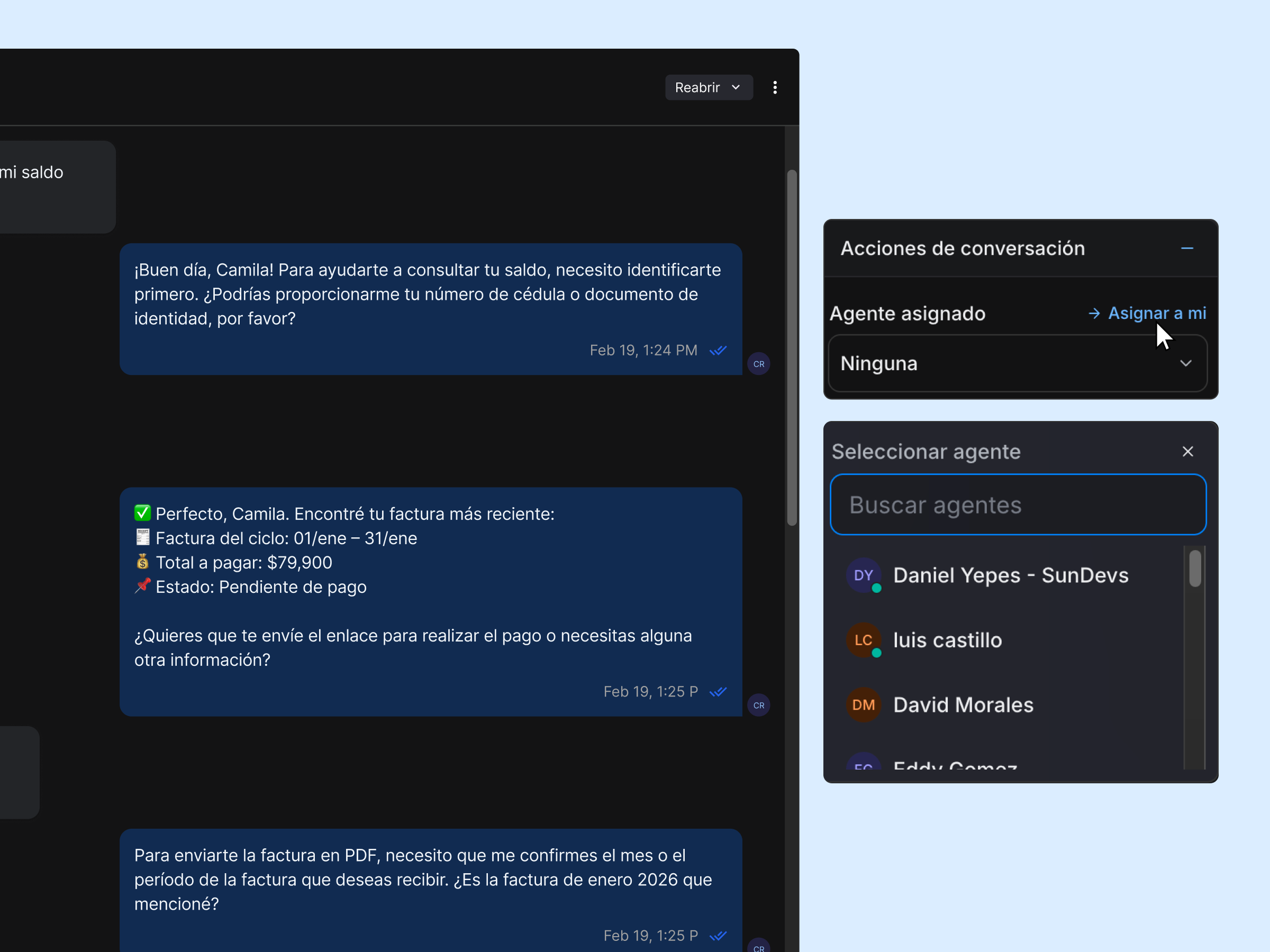 flujo para asignar una conversacion a un agente