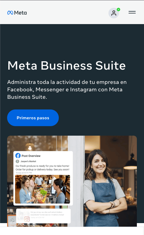 Página de inicio de Meta Business Suite que muestra opciones para administrar empresas en Facebook e Instagram con el botón "Primeros pasos".