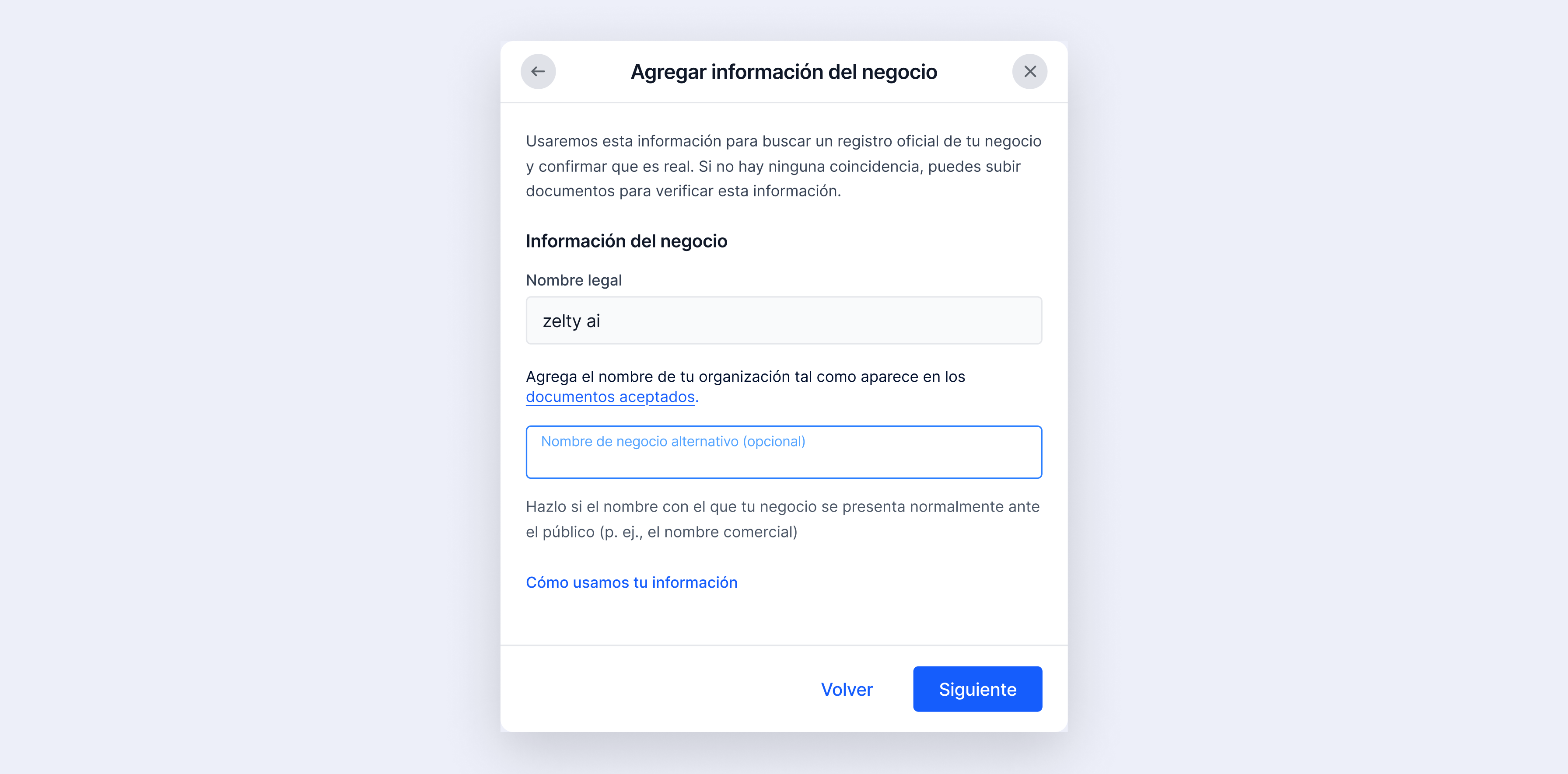 Formulario para agregar el nombre legal de la organización en la verificación de Meta, indicando que debe coincidir con los documentos oficiales de Zelty AI.