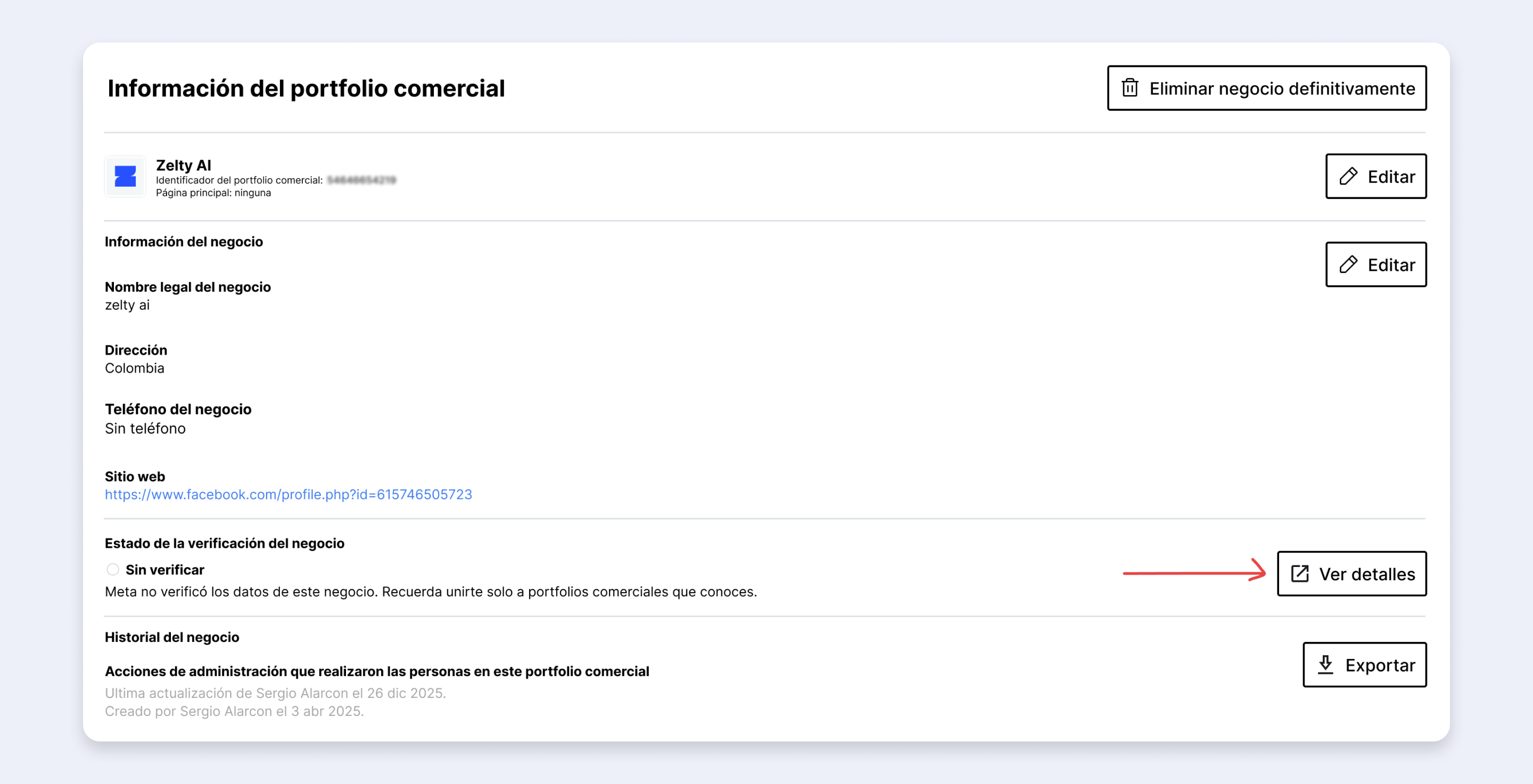 Estado de verificación del negocio en Meta Business Suite mostrando la etiqueta "Sin verificar" y un botón destacado de "Ver detalles".