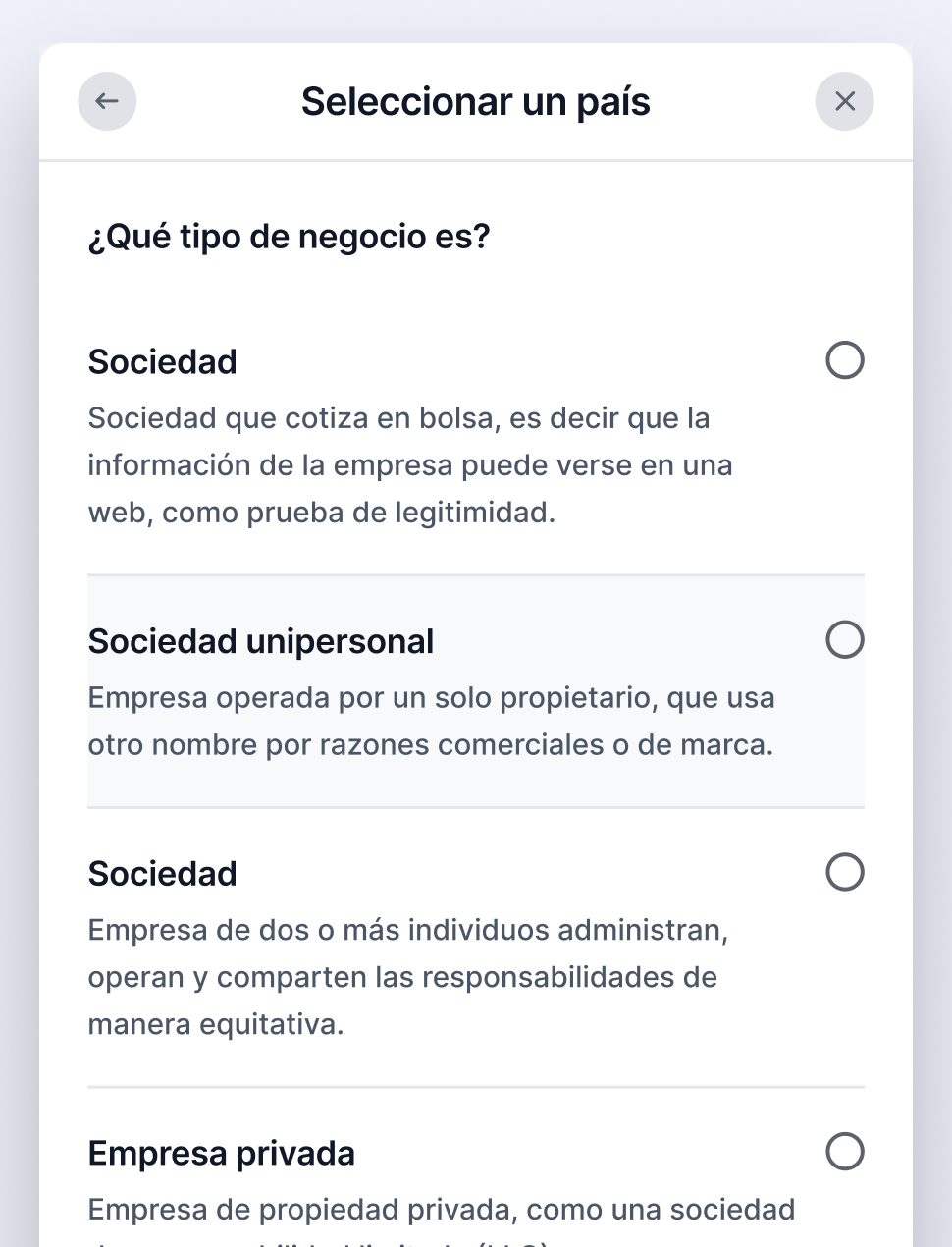 Menú de selección de tipo de negocio en Meta, con opciones como Sociedad, Sociedad unipersonal, Empresa de dos o más individuos y Empresa privada.