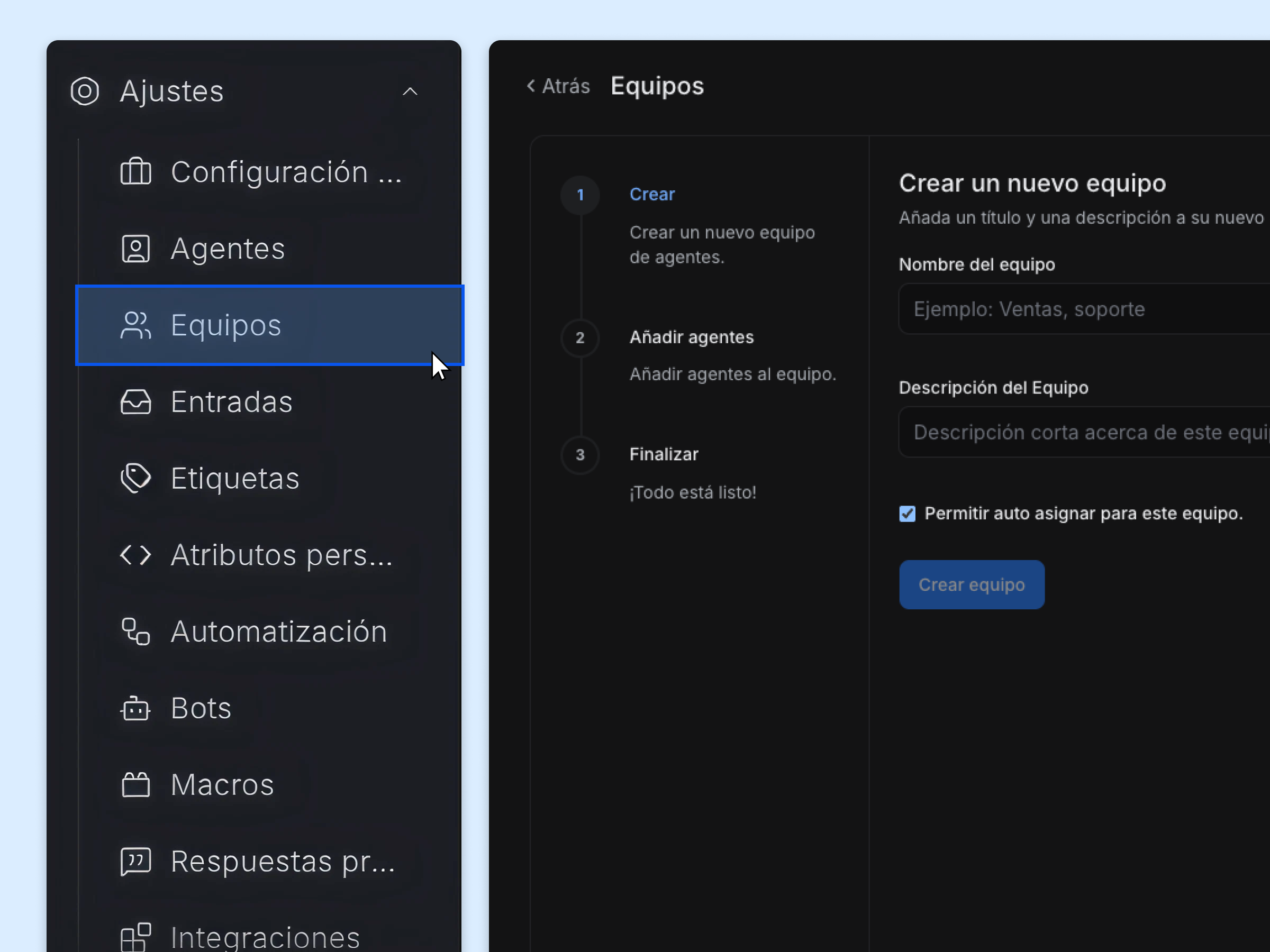 vista de creacion de equipos en chatwoot