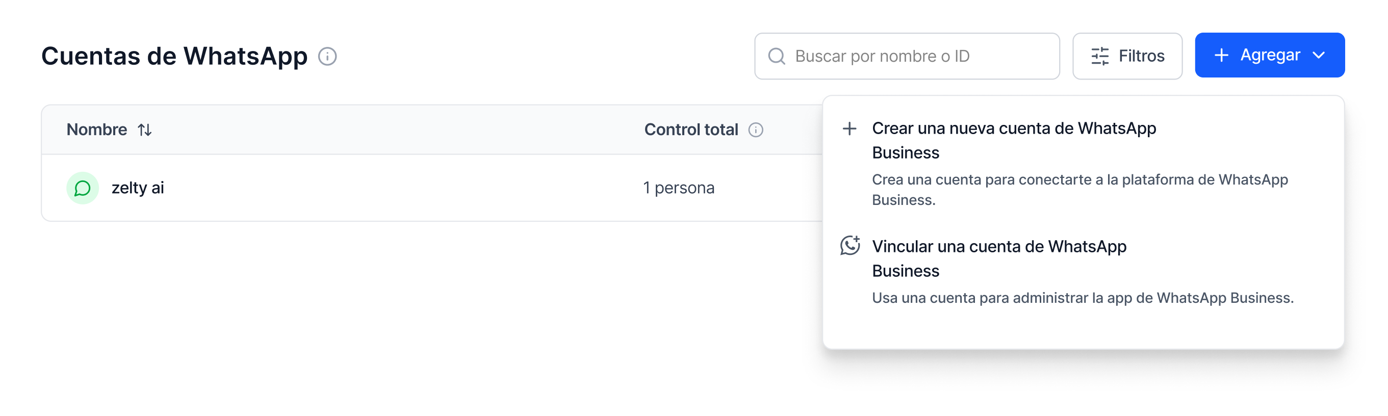 Panel de gestión de WhatsApp en Meta con el menú desplegable para "Vincular una cuenta de WhatsApp Business" a la cuenta de Zelty AI.