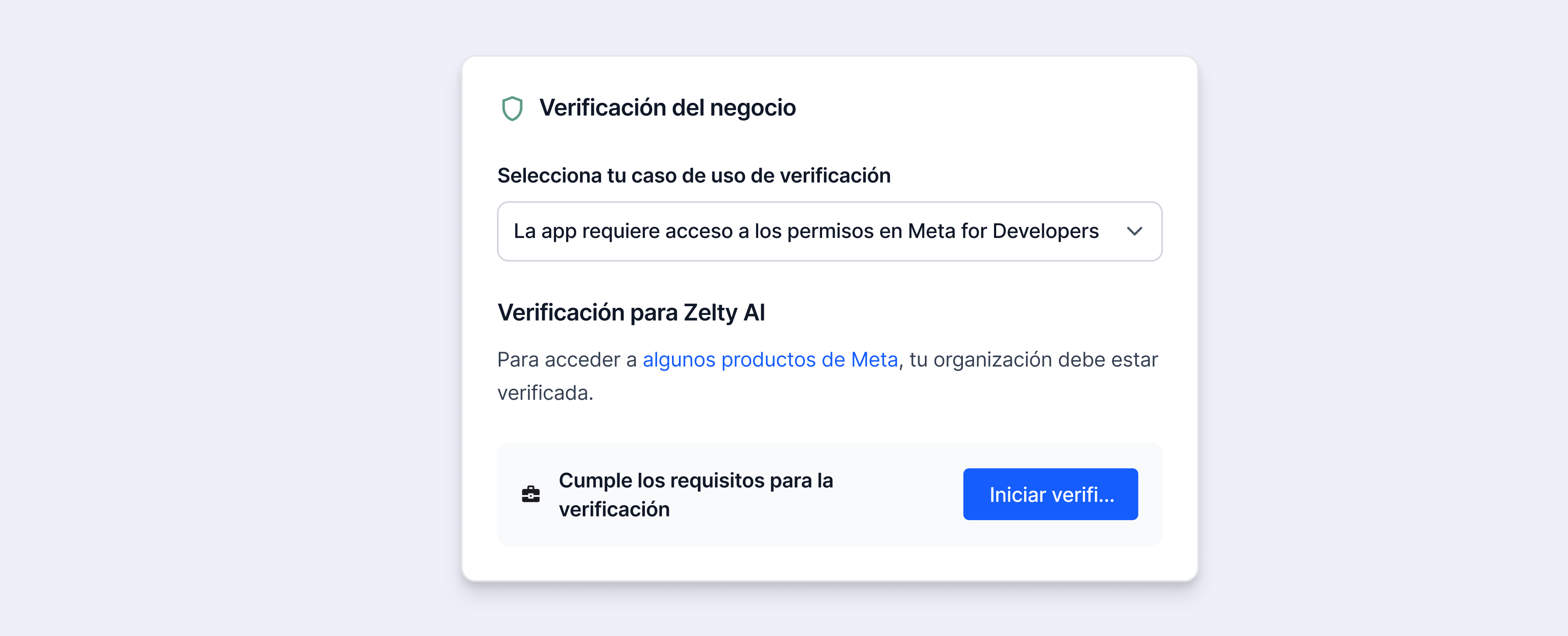 Panel de Verificación del negocio en Meta para Zelty AI, con el botón "Iniciar verificación" habilitado tras cumplir los requisitos de la plataforma.