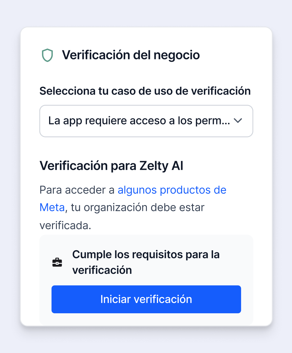 Panel de Verificación del negocio en Meta para Zelty AI, con el botón "Iniciar verificación" habilitado tras cumplir los requisitos de la plataforma.
