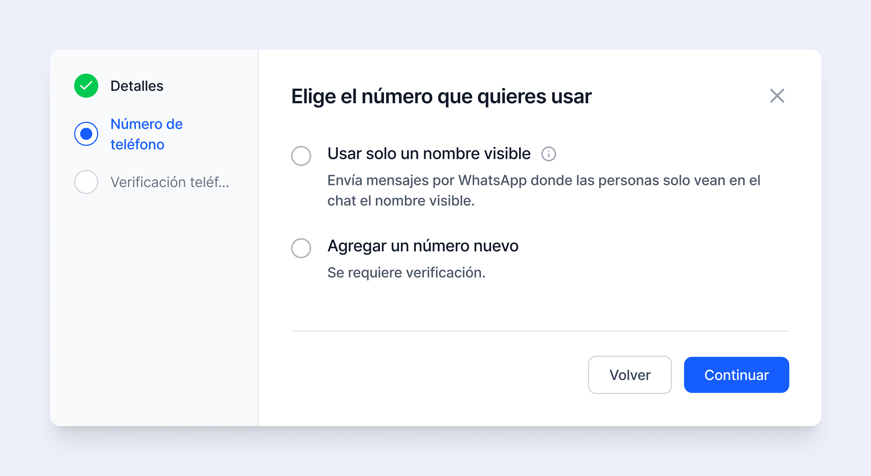 Opción en Meta Business Suite para elegir el número de WhatsApp, permitiendo usar un nombre visible o agregar un número nuevo que requiere verificación.