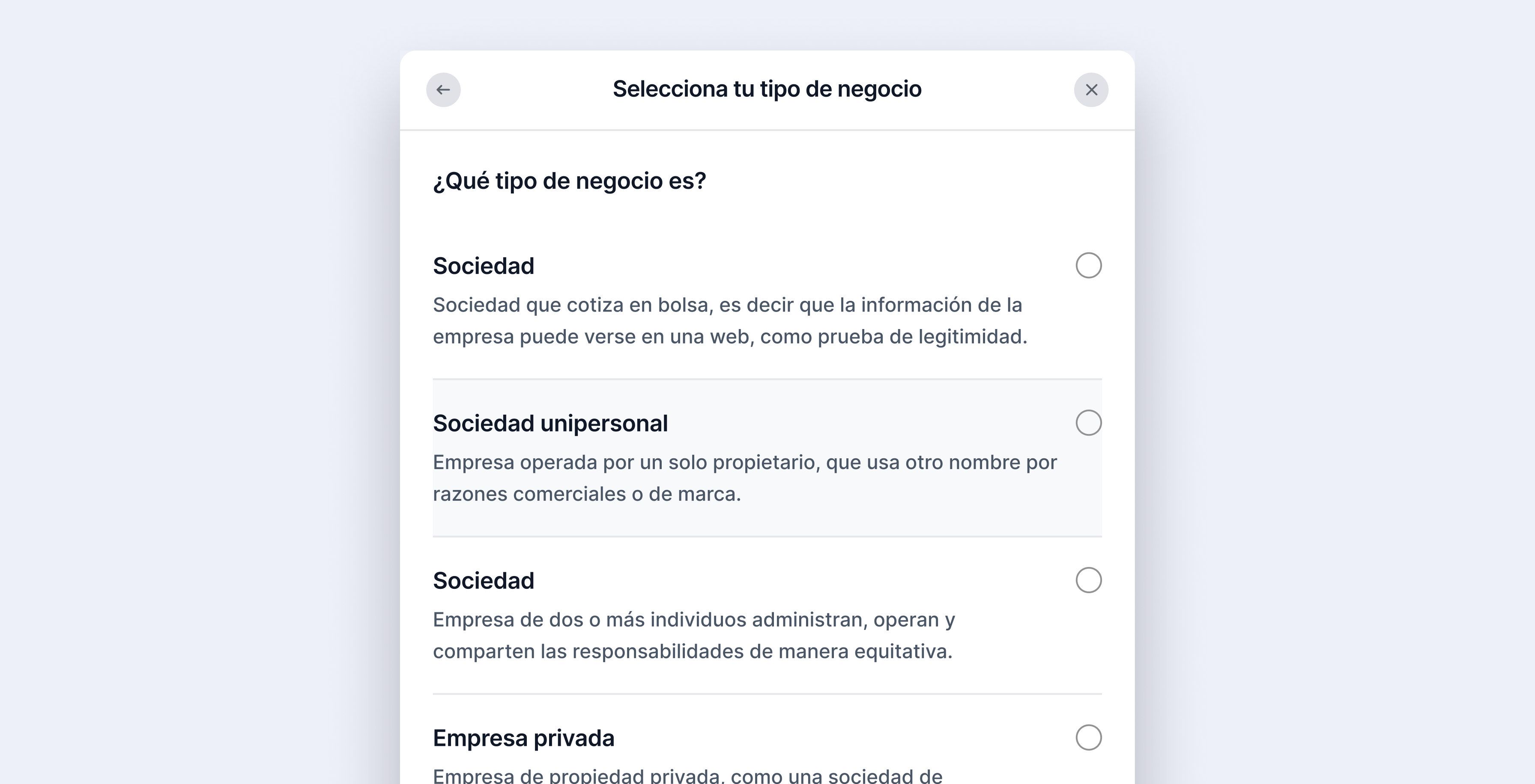 Menú de selección de tipo de negocio en Meta, con opciones como Sociedad, Sociedad unipersonal, Empresa de dos o más individuos y Empresa privada.