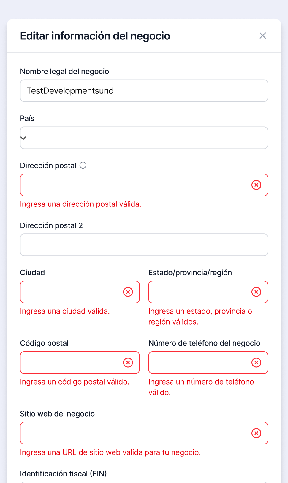 Formulario para editar información del negocio en Meta, con campos para dirección postal, código postal, número de teléfono y sitio web del negocio.